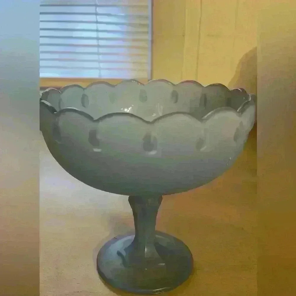 Beautiful Vintage Indiana Glass Frosted Blue Footed Compote Bowl 7 1/2"